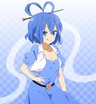 :q bad_id bad_pixiv_id blue_eyes blue_hair breasts checkered checkered_background cleavage dress flower hair_ornament hair_rings hair_stick hand_on_hip kaku_seiga shuuhei_(shoohey) small_breasts smile solo tongue tongue_out touhou vest 