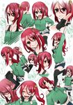  7th_dragon_(series) 7th_dragon_2020 bare_shoulders brown_eyes character_sheet closed_eyes fingerless_gloves gloves green_shirt jewelry nandakana necklace red_hair shirt short_shorts shorts side_ponytail sweater thighhighs unose_aoi 