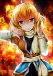  blonde_hair breasts dress fire green_eyes grin koza47322 medium_breasts mizuhashi_parsee pointing pointy_ears scarf smile solo thumbs_down touhou 
