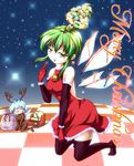  alternate_costume alternate_hairstyle antlers arm_warmers backless_outfit bag bare_shoulders bell blue_hair bodysuit breasts checkered checkered_background christmas_tree cirno closed_eyes daiyousei earrings gloves green_eyes green_hair hair_ribbon jewelry kneeling looking_at_viewer medium_breasts merri multiple_girls open_mouth pointing pointing_at_self ribbon skirt skirt_tug sky sleigh star star_(sky) starry_sky thighhighs touhou whiskers wings 
