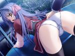  ass black_legwear blue_hair bow floralia game_cg hair_bow long_sleeves looking_at_viewer looking_back masaharu open_mouth panties pink_bow shirase_ui skirt skirt_lift solo table thighhighs ui-chan_no_niizuma_diary underwear white_panties window 