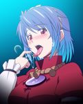  blue_hair finger_licking h-new hair_ornament licking long_tongue red_eyes saliva saliva_trail slit_pupils solo tongue touhou yasaka_kanako 