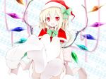  bad_id bad_pixiv_id bell blonde_hair bow capelet fang feet flandre_scarlet hair_bow hat highres looking_at_viewer oouso open_mouth plaid plaid_background pov pov_feet red_eyes santa_costume santa_hat short_hair sitting sock_dangle sock_pull solo thighhighs touhou white_legwear wings 