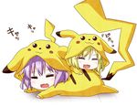  :3 =_= blonde_hair blush chibi closed_eyes cosplay fang flandre_scarlet gen_1_pokemon lying multiple_girls on_stomach open_mouth pikachu pikachu_(cosplay) pokemon purple_hair remilia_scarlet rioshi siblings sisters touhou 