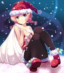  bad_id bad_pixiv_id bag bare_shoulders black_legwear blue_eyes blush boots braid cornet_mariveninne crescent green_eyes hat heterochromia komone_ushio long_hair long_legs looking_at_viewer original pantyhose pink_hair red_hair sack santa_costume santa_hat short_hair sitting smile snow snowing solo twin_braids 