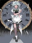  bad_id bad_pixiv_id between_fingers braid clock crossed_legs izayoi_sakuya knife maid maid_headdress okomeuma red_eyes short_hair short_sleeves solo standing staring tegaki thigh_strap touhou twin_braids 