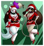  belt black_hair blue_eyes boots crovirus ear_piercing earring female fluffy_tail gloves hair hat high_heels leg_warmer legwear long_tail mistletoe nintendo piercing pok&#233;mon pok&eacute;mon red_eyes santa_costume santa_outfit scarf skirt smeargle tail tongue video_games zangoose 