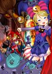  bell blonde_hair blue_eyes blue_legwear blush broom cat dress garter_straps hat highres looking_at_viewer mojarin_(kihara_mojarin) multiple_girls open_mouth outstretched_arm pointing pumpkin purple_eyes red_legwear short_hair stairs tera_online thighhighs tongue witch_hat 