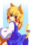  animal_ears bell blonde_hair cat_ears cat_tail from_behind gin_(shioyude) hair_ornament hat hat_removed headwear_removed jingle_bell kemonomimi_mode moriya_suwako solo tail tail_bell touhou yellow_eyes 