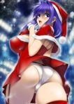  ass blue_eyes blush breasts capelet christmas covered_nipples dress from_below garter_straps gloves hair_intakes hat huge_breasts impossible_clothes impossible_shirt kanon lips long_hair looking_back mature minase_akiko mitarashi_kousei open_mouth panties purple_hair red_capelet red_legwear red_skirt santa_costume santa_hat shirt sideboob skirt snow snowing solo thighhighs underwear white_panties 