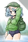  akou_roushi alternate_costume arm_up backpack bag blue_eyes blue_hair blush breasts green_shirt hair_bobbles hair_ornament hand_on_forehead hand_on_own_head hat kawashiro_nitori key medium_breasts one-piece_swimsuit open_mouth ribbed_sweater school_swimsuit shirt short_hair sleeves_pushed_up solo standing striped sweater swimsuit swimsuit_under_clothes touhou two_side_up vertical_stripes wading water 