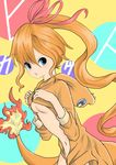  :o absurdres background_text bad_id bad_pixiv_id blue_eyes breasts character_name charmander fang fire gen_1_pokemon hair_between_eyes hair_ribbon highres hood hoodie long_hair long_sleeves looking_at_viewer navel orange_hair personification pokemon ponytail ribbon sleeves_pushed_up small_breasts solo standing tail tail-tip_fire underboob yuki_arare 