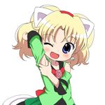  1girl ;d animal_ears arm_up armpits bare_shoulders blonde_hair blue_eyes blush body_blush bow bust cat_ears cat_tail child collarbone dress earrings fake_animal_ears fang female hairband head_tilt highres jewel_pet_tinkle jewelpet_(series) jewelpet_tinkle jewelpet_twinkle jewelry lasto loli looking_at_viewer miria_marigold_mackenzie one_eye_closed open_mouth sexual_harasho shiny shiny_hair short_hair showing_armpits simple_background smile solo standing tail upper_body white_background wink 