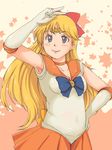  aino_minako armpits back_bow bishoujo_senshi_sailor_moon blonde_hair blue_eyes bow breasts choker cleavage collarbone earrings elbow_gloves elk115 gloves hair_bow jewelry long_hair magical_girl orange_background orange_choker orange_sailor_collar orange_skirt plump red_bow sailor_collar sailor_senshi_uniform sailor_venus skirt small_breasts smile solo star starry_background tiara v white_gloves 
