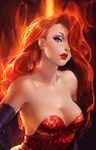  banned_artist bare_shoulders breasts cleavage deviantart_sample earrings elbow_gloves face gloves green_eyes hair_over_one_eye highres image_sample jessica_rabbit jewelry lips lipstick long_hair makeup medium_breasts orange_hair red_lipstick sakimichan solo who_framed_roger_rabbit 