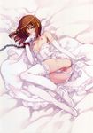  anus bdsm bondage bound breasts brown_hair detached_sleeves dress elbow_gloves female frills full_body gloves hagiwara_yukiho highres idolmaster lying namco nipples on_side ooyari_ashito pussy shackle shackles small_breasts solo thighhighs vagina 