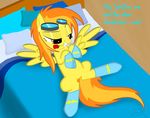  2011 bed bedroom_eyes ears english_text equine eyewear female friendship_is_magic goggles hair horse long_hair multi-colored_hair my_little_pony pegasus pony presenting rose socks solo spitfire_(mlp) spitshy spreading tail wings wonderbolts_(mlp) 