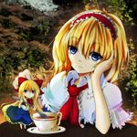  alice_margatroid blonde_hair blue_eyes capelet colorized cup dress hairband highres holding holding_spoon jellylily kuroneko_(fragrant_olive) saucer shanghai_doll solo spoon table tea teacup touhou tree 