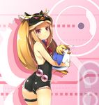  animal_hat ass bare_shoulders bird brown_hair from_behind hat holding leotard long_hair looking_at_viewer looking_back mawaru_penguindrum nekomu penguin penguin_3-gou princess_of_the_crystal purple_eyes saliva shiny shiny_clothes sleeping solo takakura_himari thigh_strap 