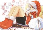  bike_shorts blue_eyes blush_stickers boots christmas hat hirokiku legs mouth_hold original sack santa_costume santa_hat sitting solo white_hair 