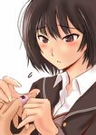  amagami animal_print bandaid bandaid_on_finger black_hair black_jacket blush bob_cut brown_eyes cardigan cat_print jacket kibito_high_school_uniform murasaki_iro nanasaki_ai print_bandaid school_uniform short_hair solo_focus sweater_vest 