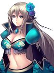  aqua_eyes blue_flower breasts brown_hair cleavage flower hair_flower hair_ornament highres jewelry large_breasts long_hair midriff navel necklace sasaki_ryou sengoku_collection solo 