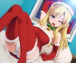  arm_up bell blonde_hair blue_eyes blush boku_wa_tomodachi_ga_sukunai butterfly_hair_ornament choker elbow_gloves fur_trim gloves hair_ornament hat kashiwazaki_sena long_hair lying off_shoulder on_back one_eye_closed open_mouth panties pantyshot pantyshot_(lying) pillow red_gloves red_legwear ribbon ribbon_choker santa_costume santa_hat solo sweatdrop thighhighs tomomimi_shimon underwear white_panties wince window 