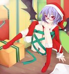  alternate_costume bat_wings bespectacled boots box camisole glasses hat knee_boots lavender_hair long_sleeves nail_polish ogami_kazuki panties red-framed_eyewear red_eyes remilia_scarlet santa_costume santa_hat short_hair solo touhou underwear wings wooden_floor wrapped_up 