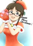  akizuki_ritsuko antenna_hair bell breasts brown_eyes brown_hair capelet dress engrish folded_ponytail gift glasses gloves hat holding holding_gift idolmaster idolmaster_(classic) maidon medium_breasts open_mouth ranguage red_capelet red_gloves santa_costume santa_hat smile solo 