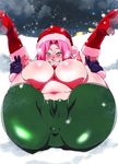  1girl anus areolae bike_shorts blush boots breasts christmas erect_nipples gloves green_eyes grin haruno_sakura hat hips huge_breasts knees_on_chest large_breasts long_nipples lying naruto navel nipples no_bra on_back outdoors pink_hair pussy santa_hat skin_tight smile snow solo spandex spread_legs sunahara_wataru sweat topless v wide_hips 