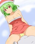  blush breasts cleavage female green_hair kazami_yuuka panties pantyshot red_eyes santa santa_costume sitting smile solo strapless touhou underwear youkai 