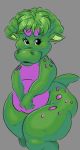  anthro baby_bop barney_and_friends black_eyes ceratopsian dinosaur female green_hair green_skin hair hi_res looking_at_viewer nokemop purple_skin reptile ribbons scalie solo thick_thighs triceratops 