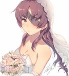  bouquet breasts bridal_veil brown_eyes brown_hair cleavage dress dsmile eyepatch flower long_hair looking_at_viewer medium_breasts mirai_nikki simple_background solo uryuu_minene veil wedding_dress white_background 