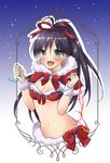  :d aqua_eyes black_hair blush breasts cleavage fang ganaha_hibiki hair_ribbon idolmaster idolmaster_(classic) long_hair medium_breasts midriff navel open_mouth pantarou ponytail ribbon santa_costume smile solo wrist_cuffs 