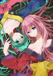  blue_eyes breasts chou_(module) cleavage green_eyes green_hair hana_(module) hatsune_miku japanese_clothes long_hair magnet_(vocaloid) medium_breasts megurine_luka multiple_girls pink_hair project_diva_(series) project_diva_2nd rina_(rinaaaa) very_long_hair vocaloid 