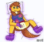  2019 anabelle_(animal_crossing) animal_crossing anthro anus bds17 bed blush breasts clitoris clothed clothing clothing_lift countershading eyelashes female footwear green_eyes hair humanoid_pussy looking_at_viewer lying mammal nintendo on_back on_bed orange_hair orange_scales pangolin pillow pussy pussy_juice scales shoes signature smile solo spread_legs spread_pussy spreading urethra video_games white_skin yellow_skin 
