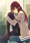  ;) black_legwear blue_eyes blush brown_hair closed_mouth hands_clasped inato_serere labcoat leg_hug leg_up legwear_under_shorts long_hair looking_at_viewer makise_kurisu no_shoes one_eye_closed own_hands_together pantyhose shorts sitting smile solo steins;gate 