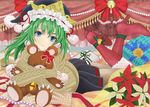  bad_id bad_pixiv_id bell blue_eyes bow flower green_hair hat high_heels lying on_stomach pantyhose ribbon shiki_eiki shoes short_hair skirt smile solo stuffed_animal stuffed_toy sweater teddy_bear touhou urabe_michiru 