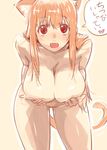  animal_ears asobi_ni_iku_yo! bad_id bad_pixiv_id bent_over breast_hold breasts cleavage covering eris_(asobi_ni_iku_yo!) heart kaqo large_breasts long_hair nude open_mouth orange_hair red_eyes solo tail translated 