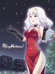  black_gloves breasts christmas cleavage dress gloves hairband idolmaster idolmaster_(classic) long_hair masakichi_(crossroad) medium_breasts pantyhose red_eyes sheer_legwear shijou_takane silver_hair snow solo white_legwear 