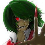  backlighting bad_id bad_pixiv_id blurry claws depth_of_field evil_grin evil_smile face fingernails foreshortening green_hair grin hair_over_one_eye highres kazami_yuuka long_fingernails looking_at_viewer nail_polish red_eyes red_nails sharp_teeth short_hair slit_pupils smile smirk solo staring teeth touhou tracy51922 