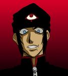  1boy beanie black_hair blue_eyes character_request dark_skin earrings hat hellsing high_collar jan_valentine jewelry lip_piercing lowres male male_focus nose_piercing piercing simple_background smile smirk solo tan vampire zipper 