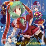  adapted_costume bag bell black_legwear blue_eyes blue_hair bow christmas frilled_skirt frills frog front_ponytail gift green_hair hair_bow hair_ornament hat highres hosimihohosi kagiyama_hina kawashiro_nitori leaf multiple_girls open_mouth pom_pom_(clothes) red_eyes santa_costume santa_hat short_twintails skirt smile star star_hair_ornament thighhighs touhou twintails two_side_up wreath 