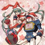  animal_ears belt blush bunny_ears christmas gift green_eyes green_hair hat hatsune_miku long_hair midriff navel outstretched_arm rkp santa_costume santa_hat skirt soundwave thighhighs transformers twintails very_long_hair vocaloid 