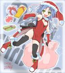  blue_hair blush_stickers boots christmas cleavage_cutout dress elbow_gloves gift gloves green_eyes hat highres long_hair naz no_panties original petite red_gloves sack santa_costume santa_hat smile solo thighhighs 