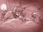  bed blanket braid candle cheek_kiss closed_eyes flandre_scarlet hat izayoi_sakuya kisaragi_ryou_(sougetsu-tei) kiss maid monochrome multiple_girls pillow pointy_ears remilia_scarlet siblings sisters sleeping touhou twin_braids under_covers 