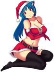  animal_ears belt black_legwear blue_hair breast_hold breasts cat_ears cleavage collarbone covered_nipples crop_top elbow_gloves gloves hat highres kisaragi_yakumo large_breasts long_hair midriff navel no_shoes original red_eyes red_gloves santa_costume santa_hat simple_background sitting skirt slit_pupils smile solo thighhighs 