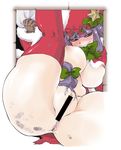  alternate_costume anus blush breasts brown_gloves censored christmas colored_pubic_hair gloves hat large_breasts mongolian_spot nipples no_bra no_panties patchouli_knowledge pubic_hair purple_eyes purple_hair pussy red_legwear sack santa_costume santa_hat solo stuck thighhighs thighs tomotsuka_haruomi touhou 