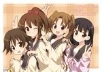  black_hair blush brown_eyes brown_hair cardigan hanawa_kaoru hoppege long_hair multiple_girls okazaki_norie one_eye_closed ponytail sakurada_maon sawatari_fuu school_uniform short_hair smile tamayura twintails v 