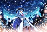  :d akashio_(loli_ace) alternate_costume belt black_legwear blue_hair bow bowtie building capelet cityscape dress garter_straps gloves hat hinanawi_tenshi long_hair open_mouth outstretched_arms red_eyes skirt sky smile snow snowing solo thighhighs touhou very_long_hair 